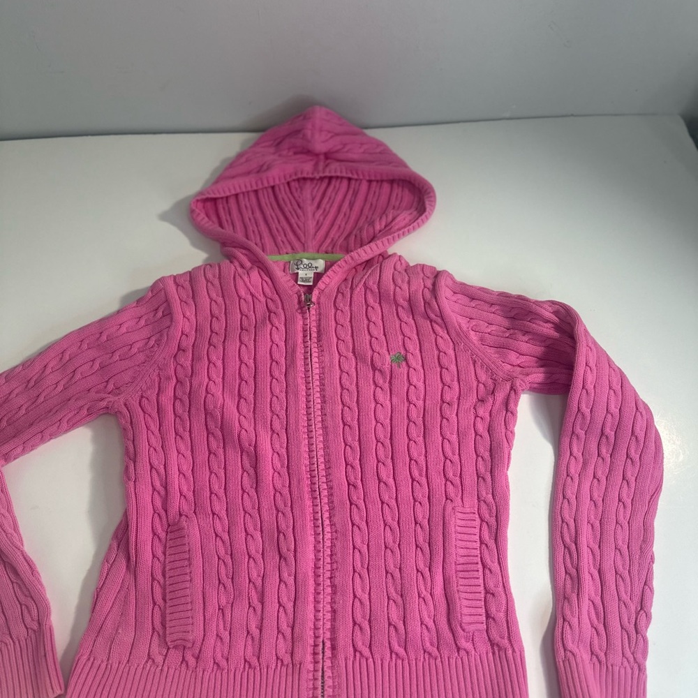 Lilly Pulitzer Vintage White Label Pink Cable Knit Full Zip Hood Cardigan Small - Picture 3 of 12
